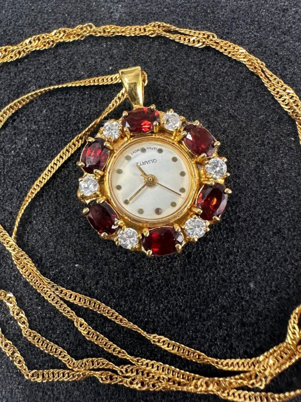 Vintage Lindernwold Watch Necklace Gold Tone Red Clear Stones New Battery